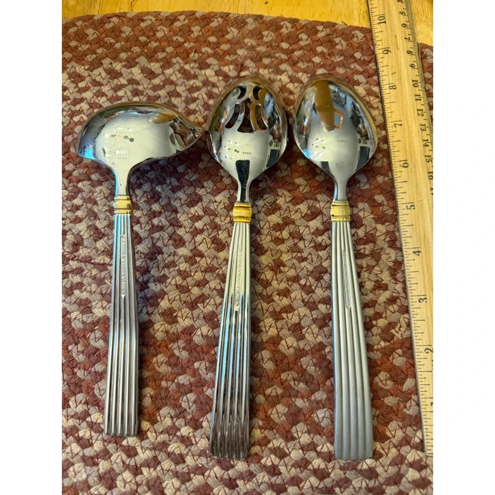 Reed & Barton Serving Set 3pc Silver Gold Accent Ladle Slotted Solid Spoon Korea